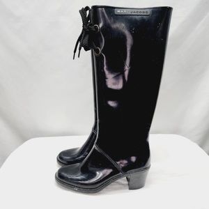 Marc Jacobs Black Rubber Tall Chunky Heel  Rain Boots size 7 euro 38